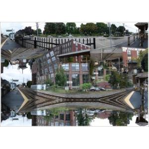 Abstract photomontage/panorama of the commuter rail in Waltham, MA.