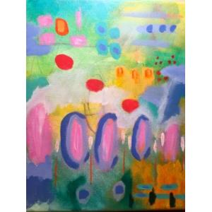 Abstract colorful painting. Pinks, purples, reds, yellows, teals, and greens. Circle patterns decorate the foreground.