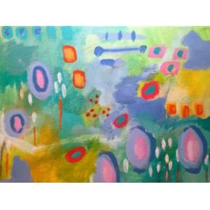 Abstract colorful painting. Pinks, purples, reds, yellows, teals, and greens. Circle patterns decorate the foreground.