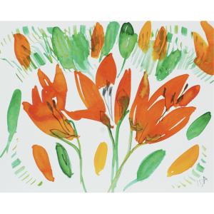 Watercolor red/orange flowers with green and yellow leaves on white paper.