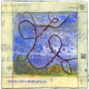 Square encaustic piece. Beige/yellow frame around blue/green coloring decorated with a swirling dark blue line.