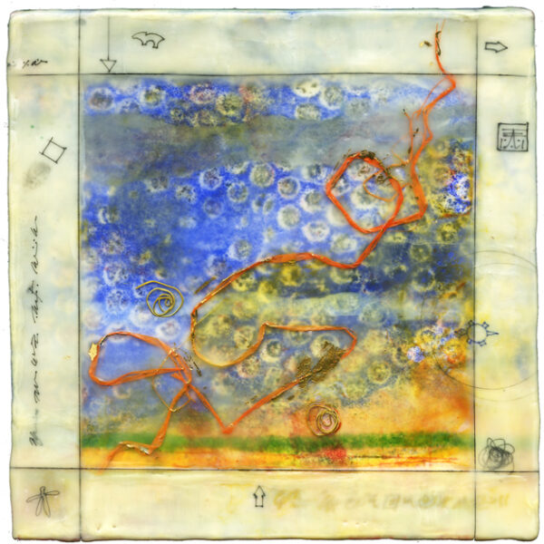 Square encaustic piece. Beige/yellow frame around a blue, green, and yellow center decorated with an orange swirling line.