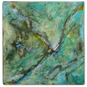 Square encaustic piece. Greens, teals, blues, decorated with dark green lines and swirls.