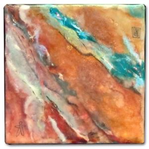 Square encaustic piece. Red/Brown background texture decorated with grey, purple, beige, teal lines to depict the appearance of rocks