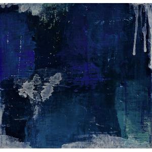 Abstract image of dark blues, blues, light blues, mixed with white. Mixed media piece.
