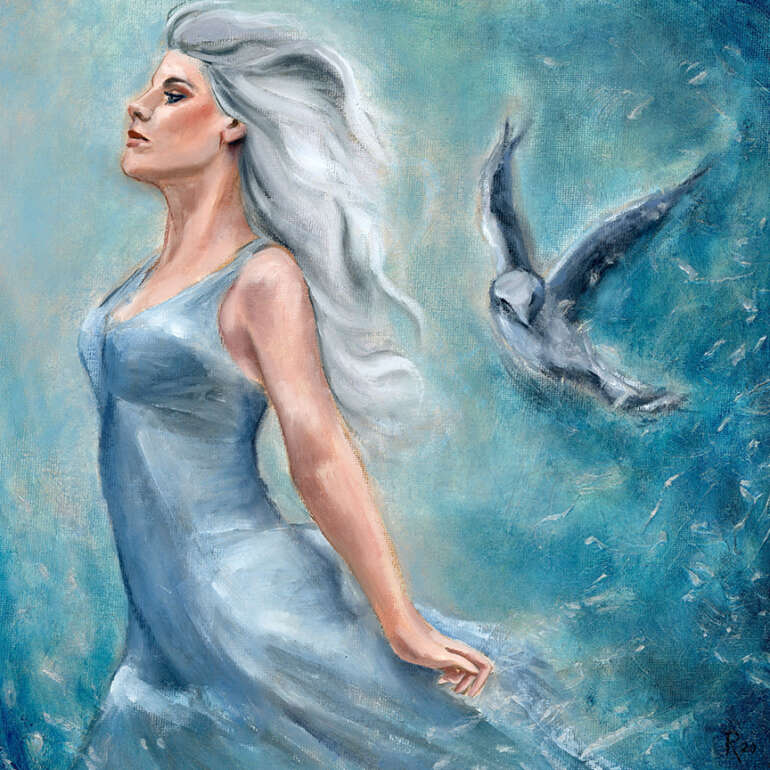 White haired women standing against a blue background. Behind her is a flying bird.