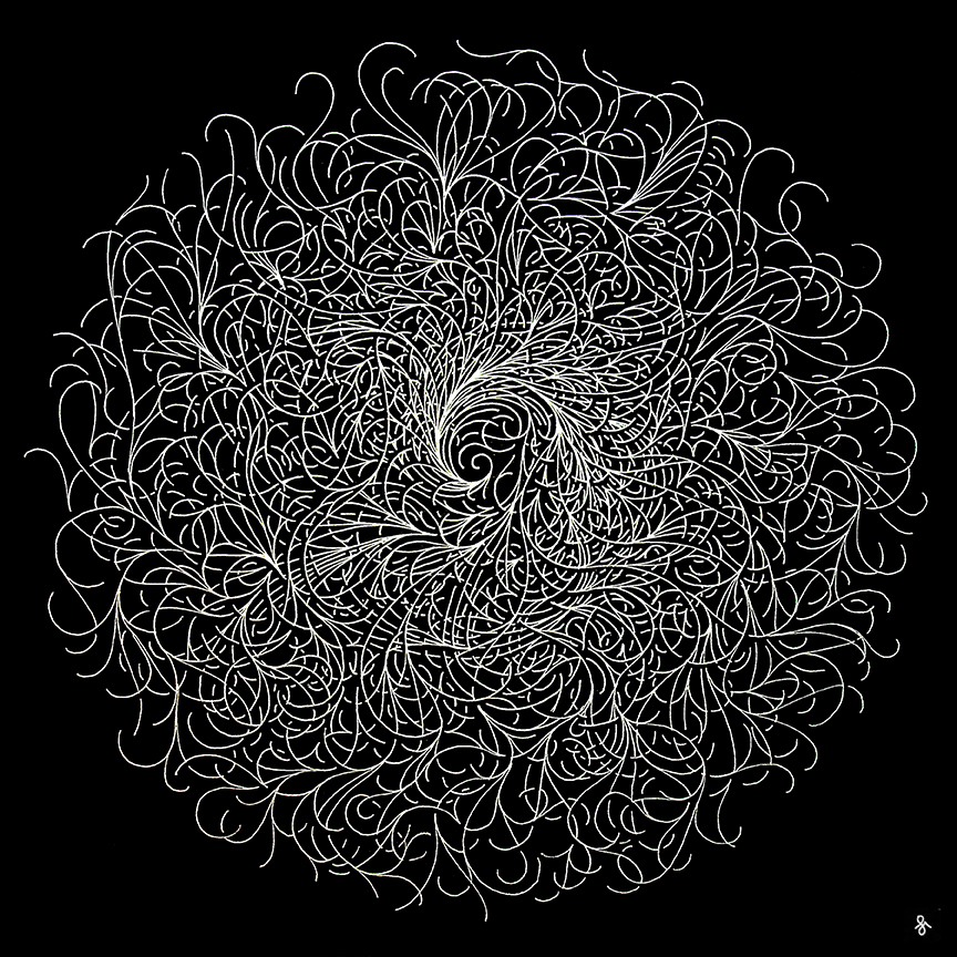 Intricately circular pattern drawn with sliver gel pen on black paper.