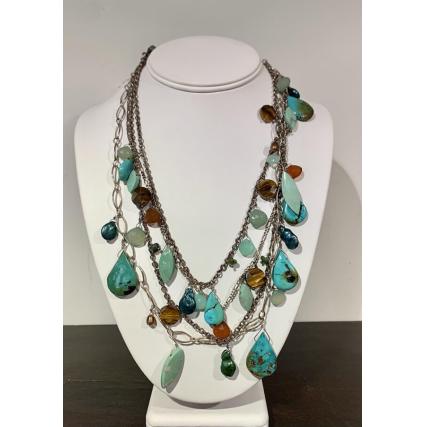 Sterling Silver with Turquoise, Carnelian, Tiger Eye, Green Aventurine, & Freshwater Pearl Necklace by Kathy Gelfand