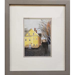 Casein painting on watercolor paper, matted and framed. Painting of yellow house.