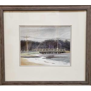 Casein painting, matted and framed, of a bridge over water