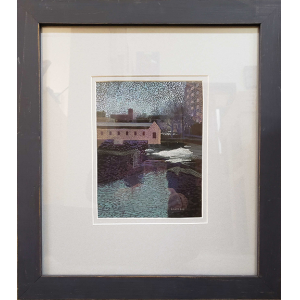 Casein painting, matted and framed, of a building and canal on water