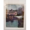 Close up of a casein painting, matted and framed, of a building and canal on water