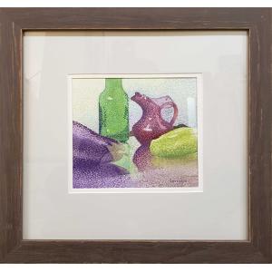 Casein painting, matted and framed, of an eggplant, green and purple jars, and a green pepper