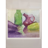 Close up of a casein painting, matted and framed, of an eggplant, green and purple jars, and a green pepper