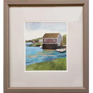 Casein painting, matted and framed, of a building and harbor on water
