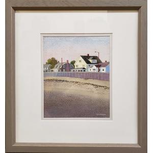 Casein painting, matted and framed, of houses on a beach