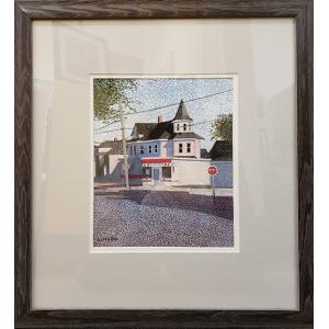 Casein painting, matted and framed, of a large white building (the Barber Shop)