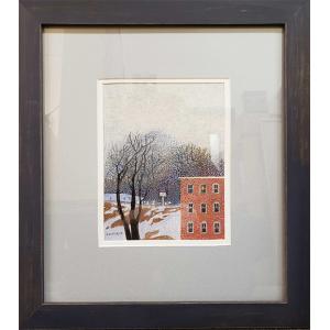 Casein painting, matted and framed, of a building, trees, and sky in winter