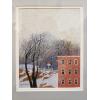 Close up of a casein painting, matted and framed, of a building, trees, and sky in winter
