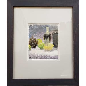 Casein painting, matted and framed, of lemons, limes, and jars on a table