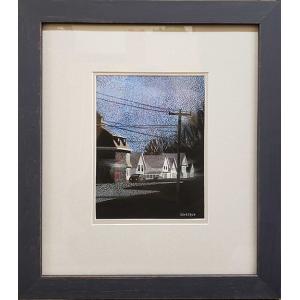 Casein painting, matted and framed, of houses and a transmission pole on a street