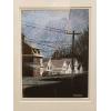 Close up of a casein painting, matted and framed, of houses and a transmission pole on a street