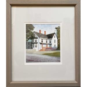 Casein painting, matted and framed, of a large white house on a street