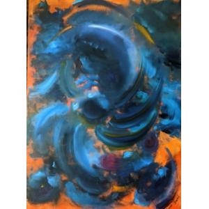 Abstract oil painting, swirling blues against orange