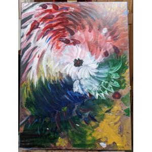 Abstract acrylic painting of a white flower with blurred landscape colors surrounding it