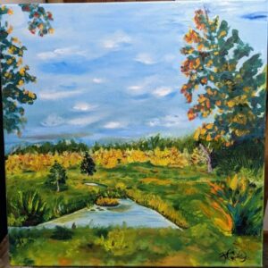 Landscape oil painting of a bright, swamp scene