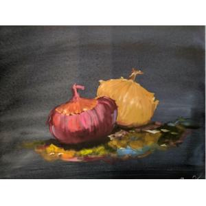 Oil painting of a red and yellow onion against a black textured background