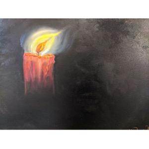 Oil painting of a burning candle against a black textured background