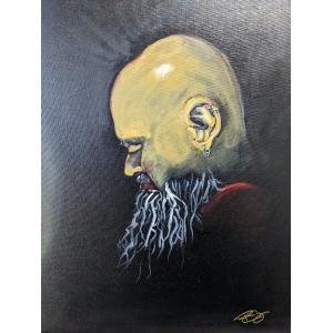 Acrylic painting of the side profile of a bald man with a beard against a grey and black textured background
