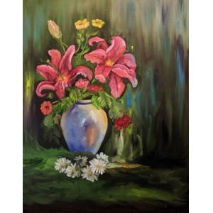 Oil painting of pink lilies and small yellow and red flowers in a blue vase. Small white flowers at the vase's base. Against a green and blue textured background