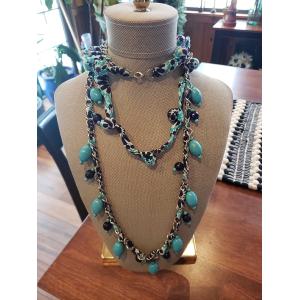Syrian-made necklace, Fabric & Chain, Dark and Light Blue