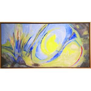 Acrylic abstract painting with yellows and blues