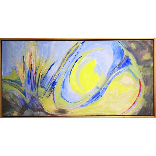Acrylic abstract painting with yellows and blues