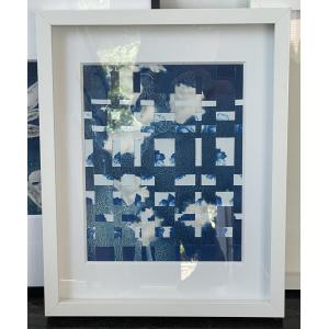 floral cyanotypes woven together by sandi daniel and framed in white