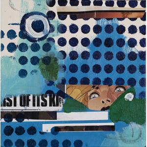 Mixed media piece, comic book inspired look. Mainly blues and whites. A close up of a woman's face it featured lower right. Next to the face is cropped black lettering that says "First of its kind". Dark blue dots line most of the canvas.