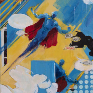 Mixed media piece, comic book inspired look. Mainly blues, yellow, red, and white. Two blue figures with red capes are flying on the canvas. Speech bubbles and dots line the canvas
