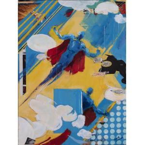 Mixed media piece, comic book inspired look. Mainly blues, yellow, red, and white. Two blue figures with red capes are flying on the canvas. Speech bubbles and dots line the canvas