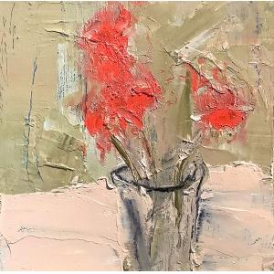 Small oil painting of red flowers in a vase.