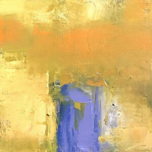 Abstract oil and wax painting of yellow flowers in a blue vase
