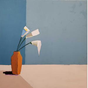 A 36 by 36 inch acrylic painting on board. Depicts 3 white calla lilies standing up in an orange vase. The vase in on the left side. The table is beige. The background is blue. Shadows are on the left.
