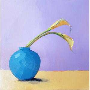 12 by 12 inch acrylic painting on board. Depicts two yellow lilies at an angle, leaning to the right, in a round blue vase. It's sitting on a beige table. The background is purple.