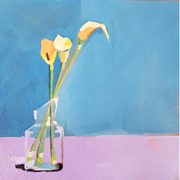12 by 12 inch acrylic painting on board. Depicts 3 calla lilies standing straight in a glass vase. The vase is on the left side of the painting. The table is purple. The background is blue.