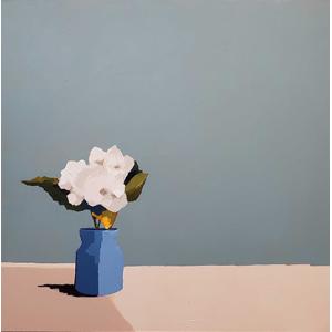 A 36 by 36 inch acrylic painting on board. Depicts Gardenia flowers in a blue vase. Vase is on the left. The table is beige. The background is blue-grey. The table and vase have shadows.