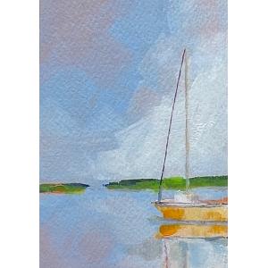 Close up of a 4x6 acrylic painting. Depicts a beige sailboat on the water. A line of greenery is in the background. The large blue and white sky is is reflected on the water.