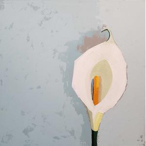 A 36 by 36 inch acrylic painting on board. Depicts a close up of the top of a white calla lily, with a yellow pistil. The background is grey-blue.