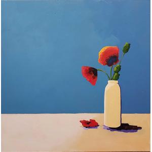 A 36 by 36 inch acrylic painting on board. Depicts 2 red poppies in a white-yellow vase. A red petal is on the table to the left of the vase. The vase is on the right side of the painting. The table is white-yellow. The background is blue.
